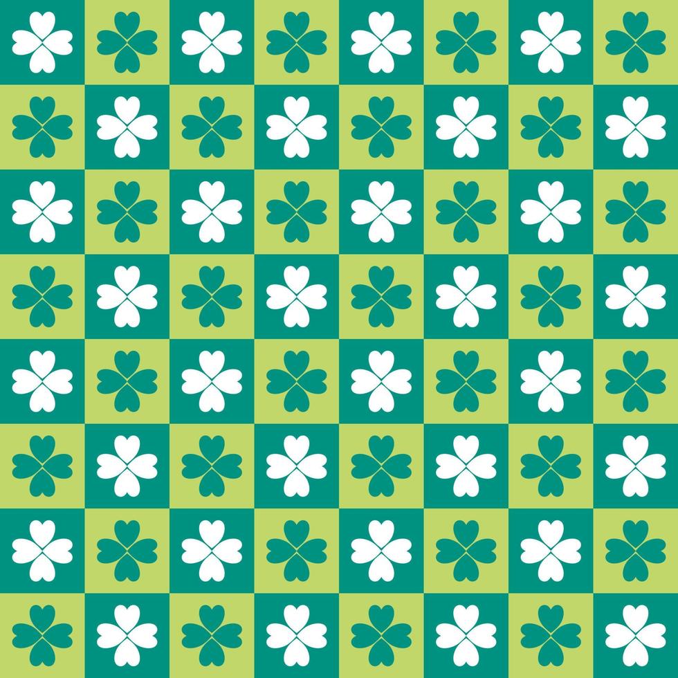 Green seamless pattern st Patric day background with shades of green and white clover lucky leaf in checked pattern vector