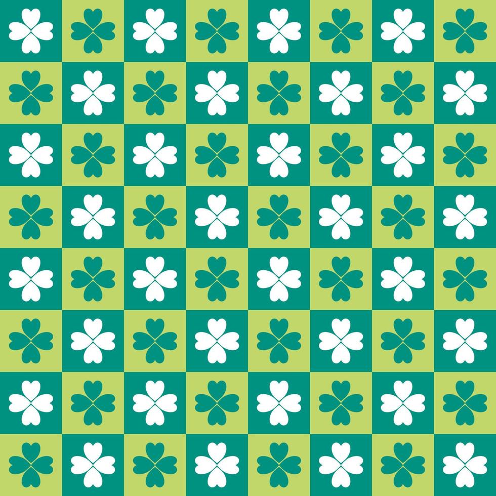 Green seamless pattern st Patric day background with shades of green and white clover lucky leaf in checked pattern vector