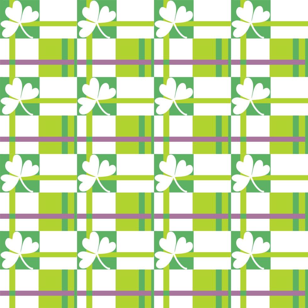 Clover lucky leaf st. Patrick day seamless pattern in checked chess style with white clover leaf on light green and dark green square. Pattern for fabric or paper vintage retro style background vector