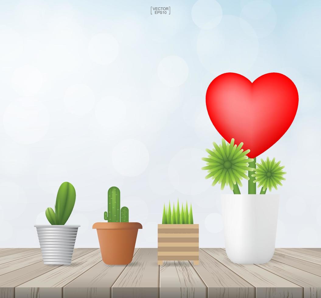 Tree of hearts on wooden floor. Abstract sign and symbol of flower in pot for valentines' day. Flower of red heart for template design. Vector. vector