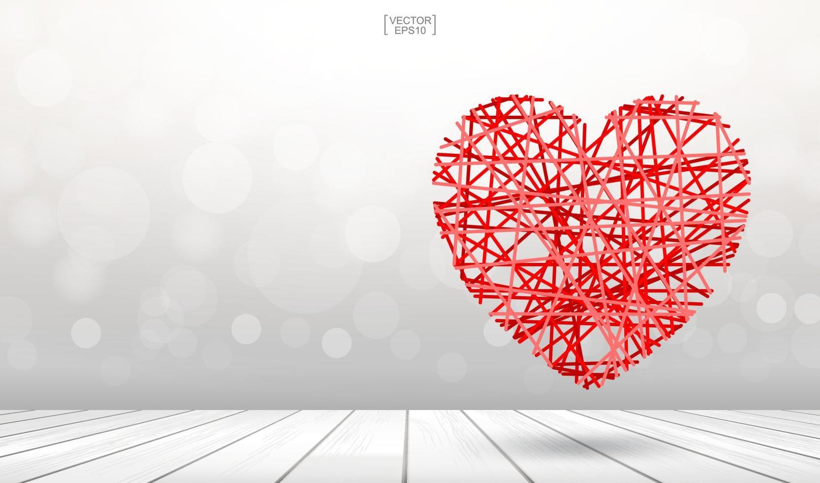 fondo abstracto de corazón rojo flotando sobre textura de madera con un ligero bokeh borroso. vector. vector