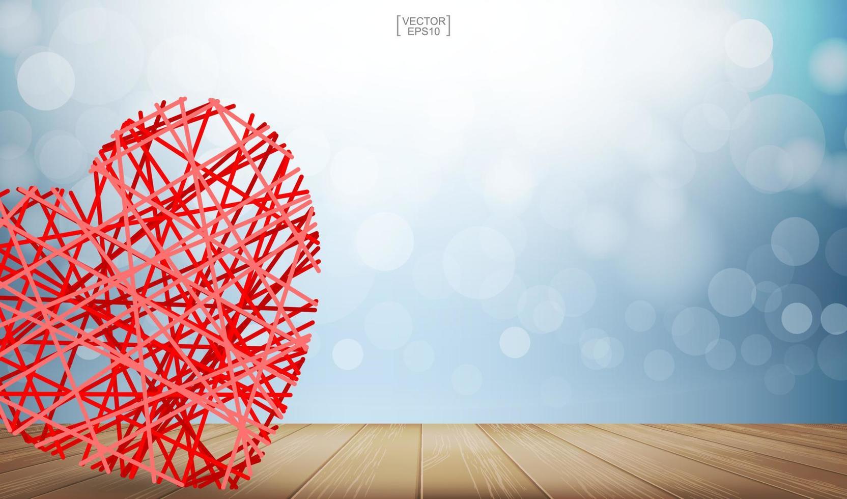 corazón rojo abstracto flotando sobre fondo de textura de madera con un ligero bokeh borroso. vector. vector
