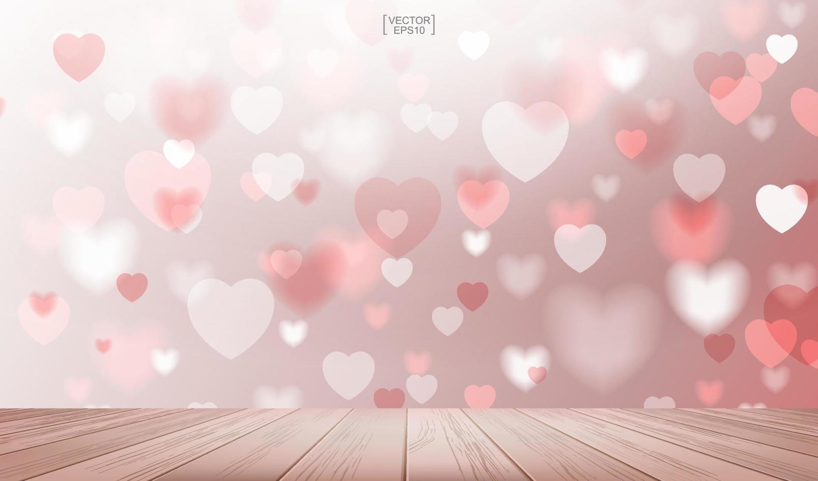 piso de madera con fondo borroso de corazón usado para tarjeta de felicitación y tarjeta de boda. vector. vector