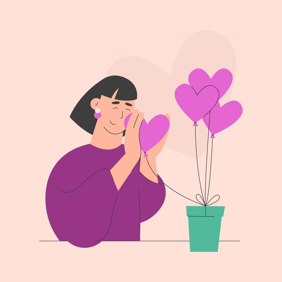 Happy Woman with heart shaped balloons and a gift box vector