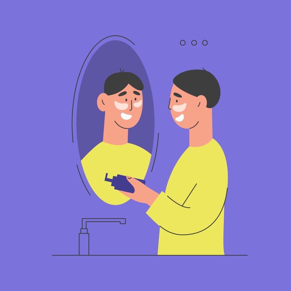 Man using cosmetics and looking at a mirror vector