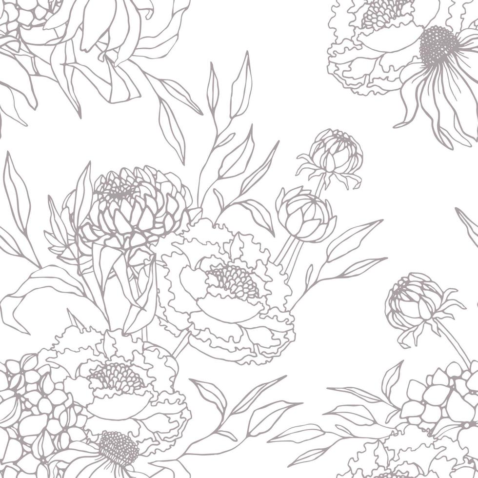 Seamless pattern with outlined flowers, peonieas and dahlias, leaves vector