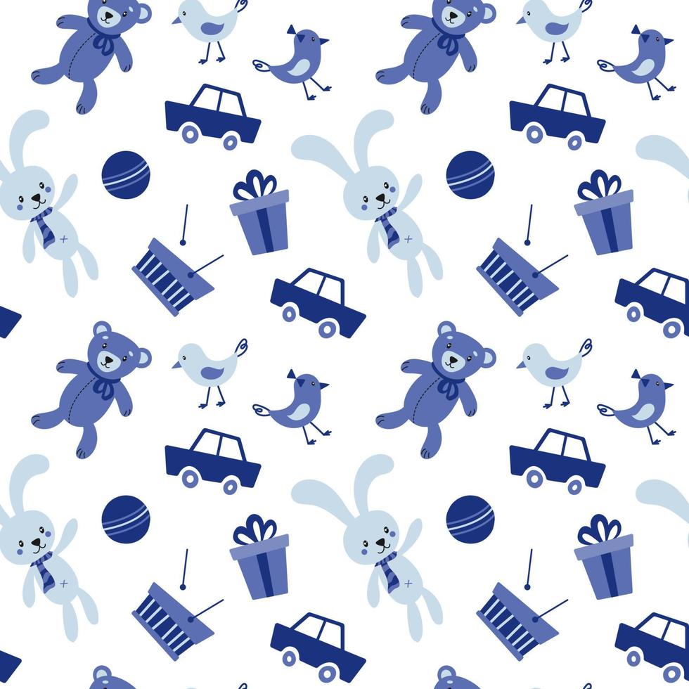 Seamless pattern with cute kid toys, cars, teddy bears, bunnies. vector