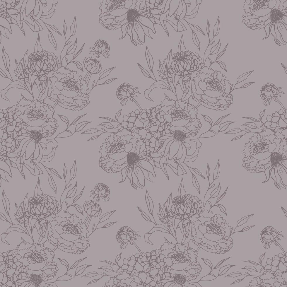 Seamless pattern with outlined flowers, peonieas and dahlias, leaves vector