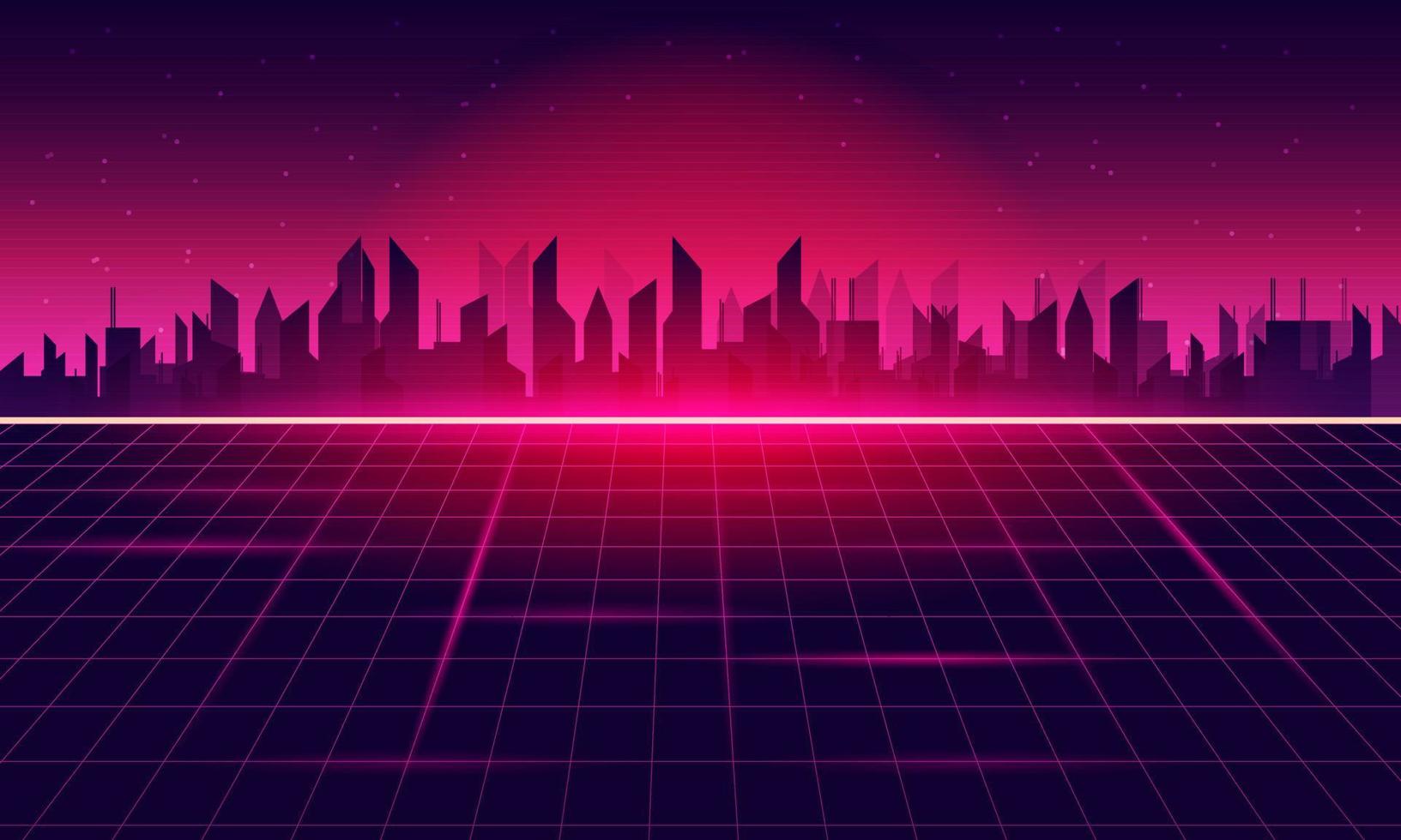 City of Retro Sci-Fi Background Futuristic Grid landscape , 90's. vector