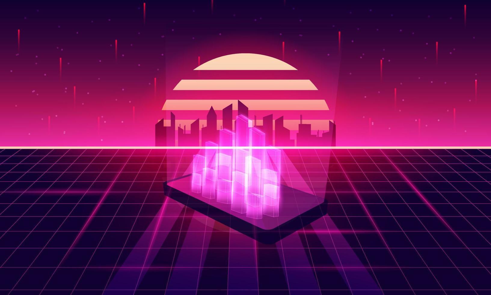 City on Smartphone of Retro Sci-Fi Background Futuristic Grid landscape , 90's . vector