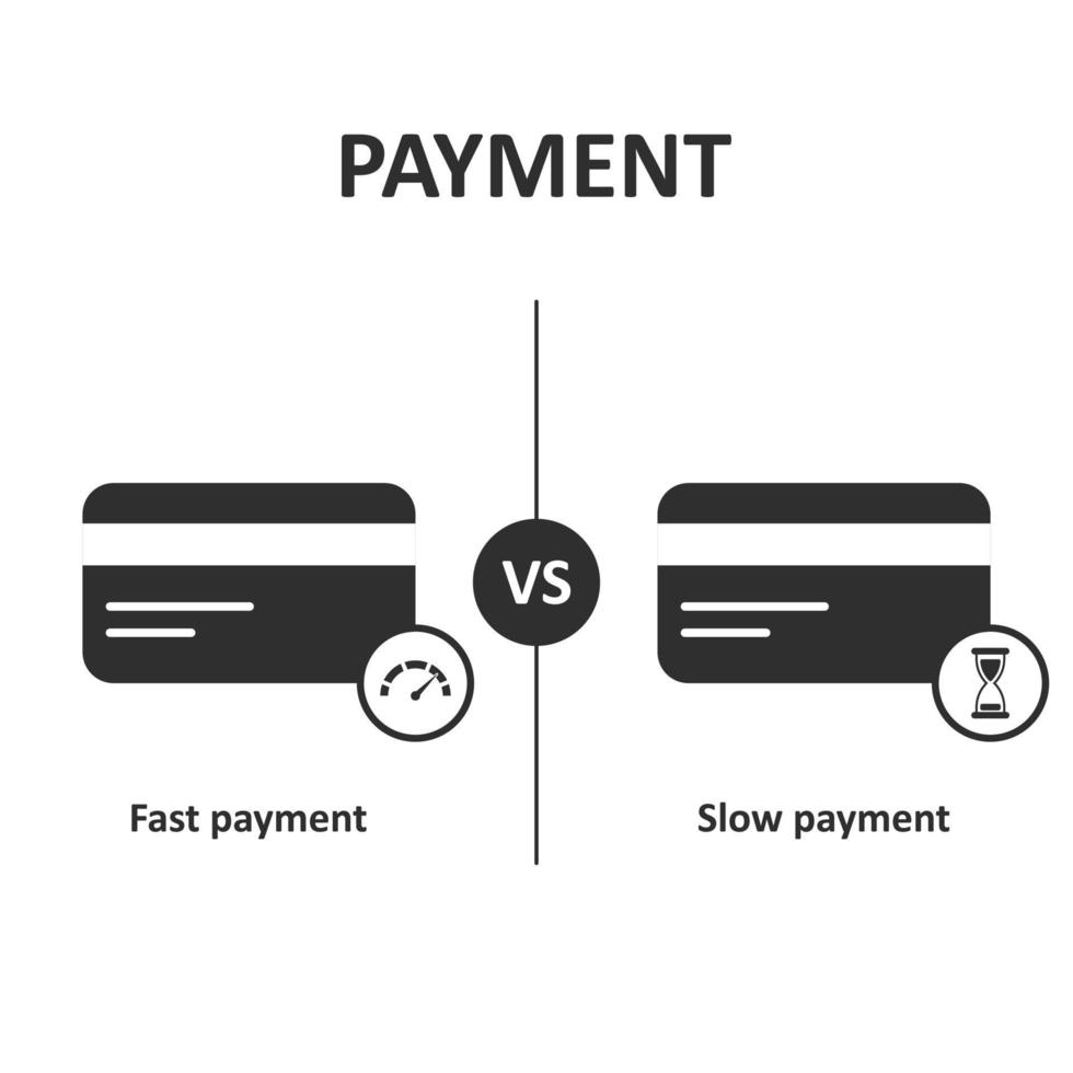 concepto de tarjeta de crédito de pago. Expectativa vs Realidad. pago rápido vs pago lento. vector