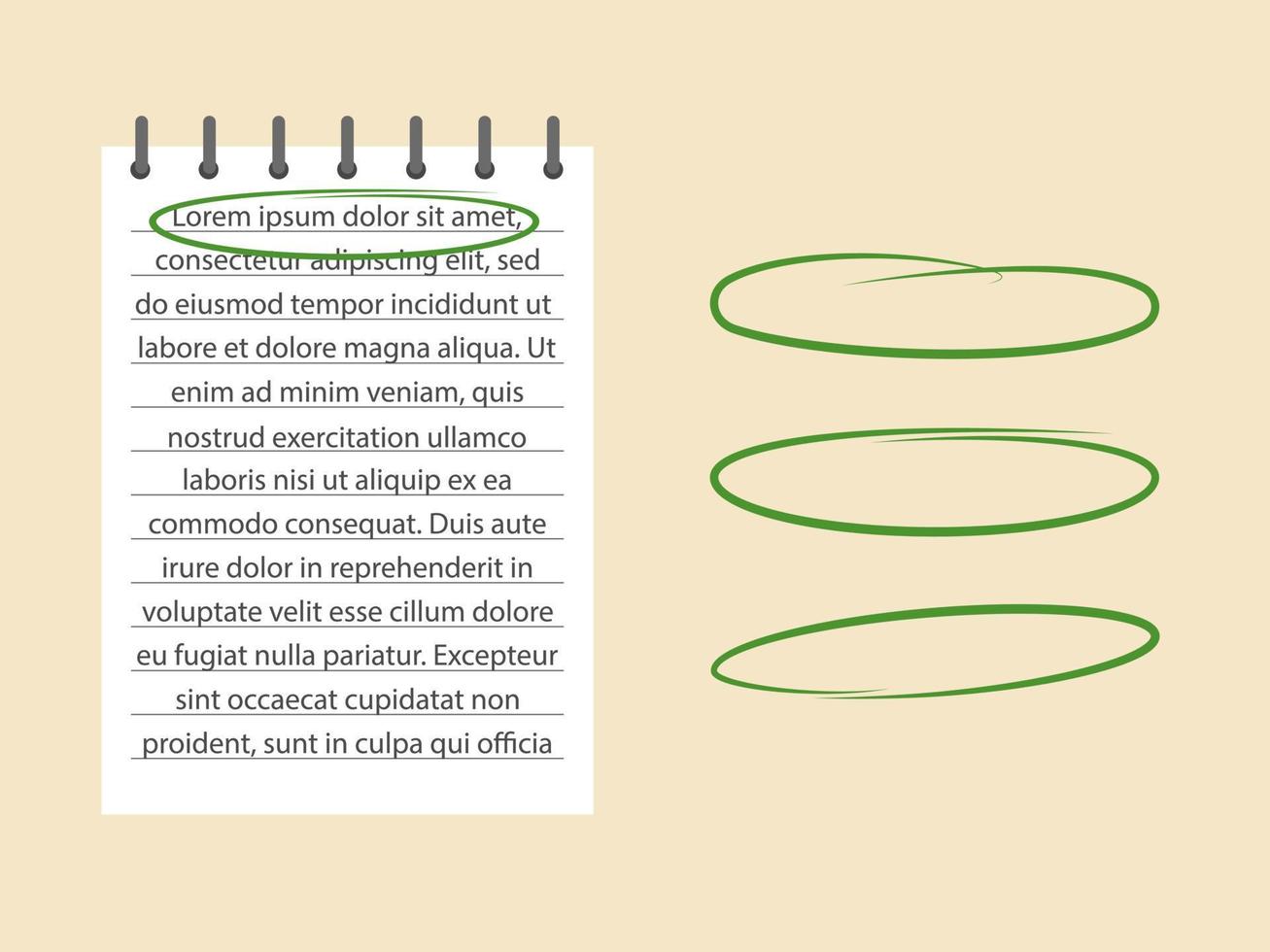 Selected text on white paper. Set of highlights for selecting text. Vector