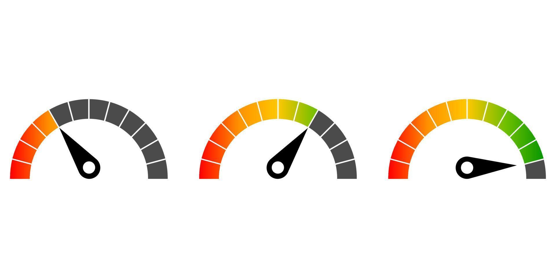 indicadores de satisfacción del cliente con niveles malos y buenos. conjunto de indicadores comerciales, que indican calidad, nivel, calificación. vector