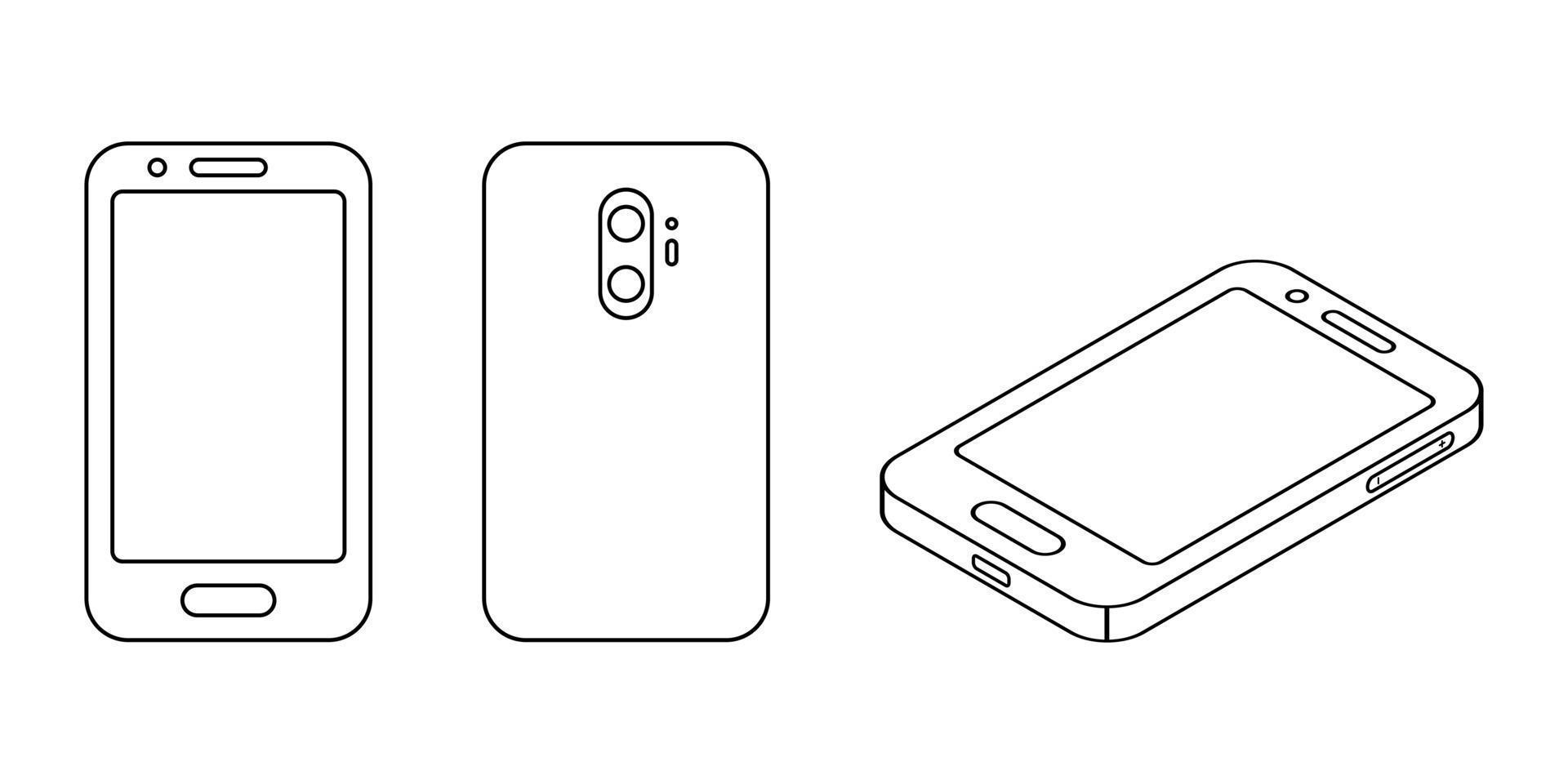 Mobile phone icon in three views. Front, back and isometric view. Screen, camera and buttons smartphone. Vector