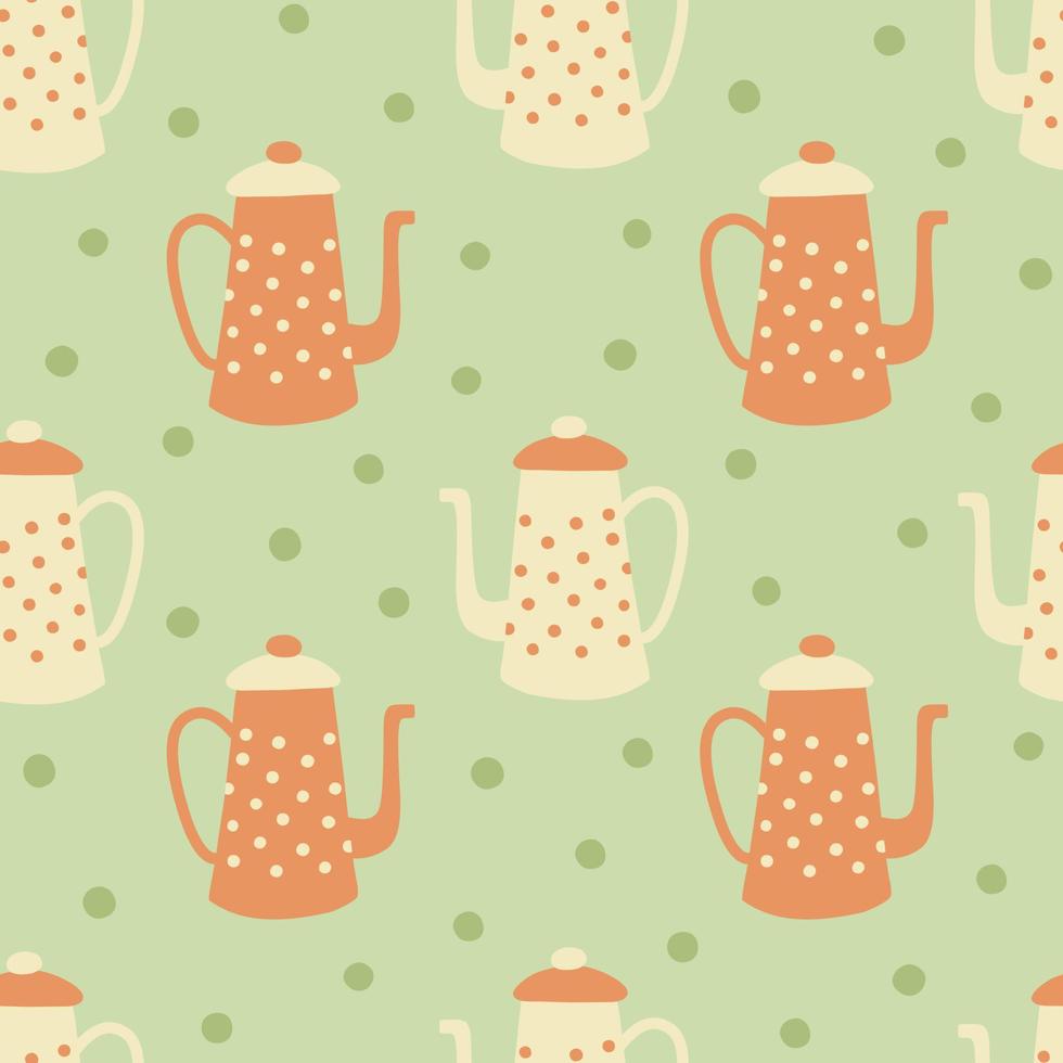 Teapot and polka dot seamless pattern. Ceramic kitchenware repeated vector illustration. Spring design for fabric, home textile, wallpaper