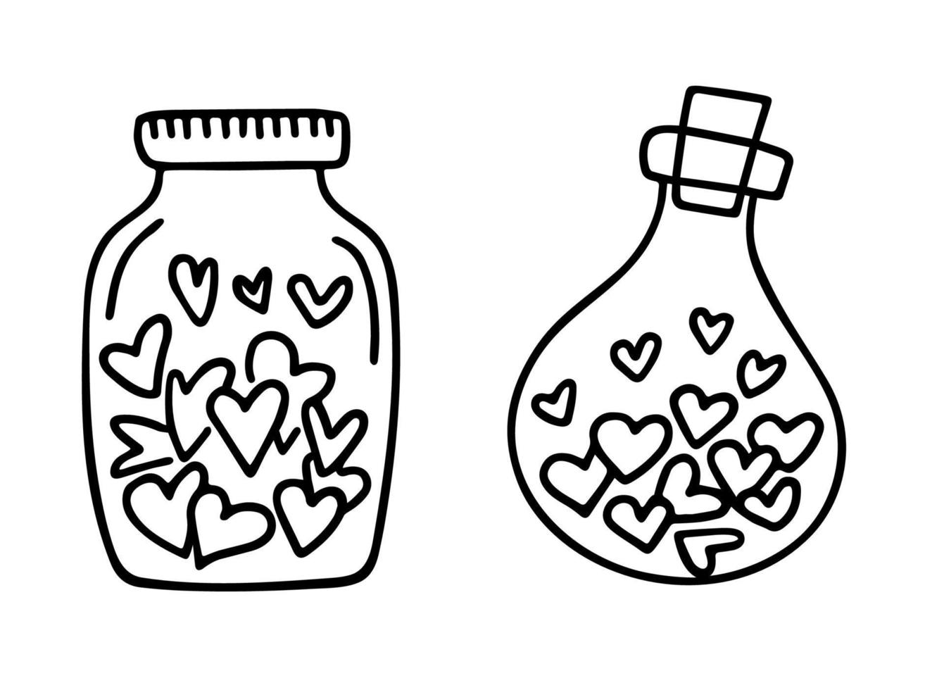 Jar with hearts line vector illustration. Valentine's day hand drawn doodle element. Love potion. Romantic feelings concept