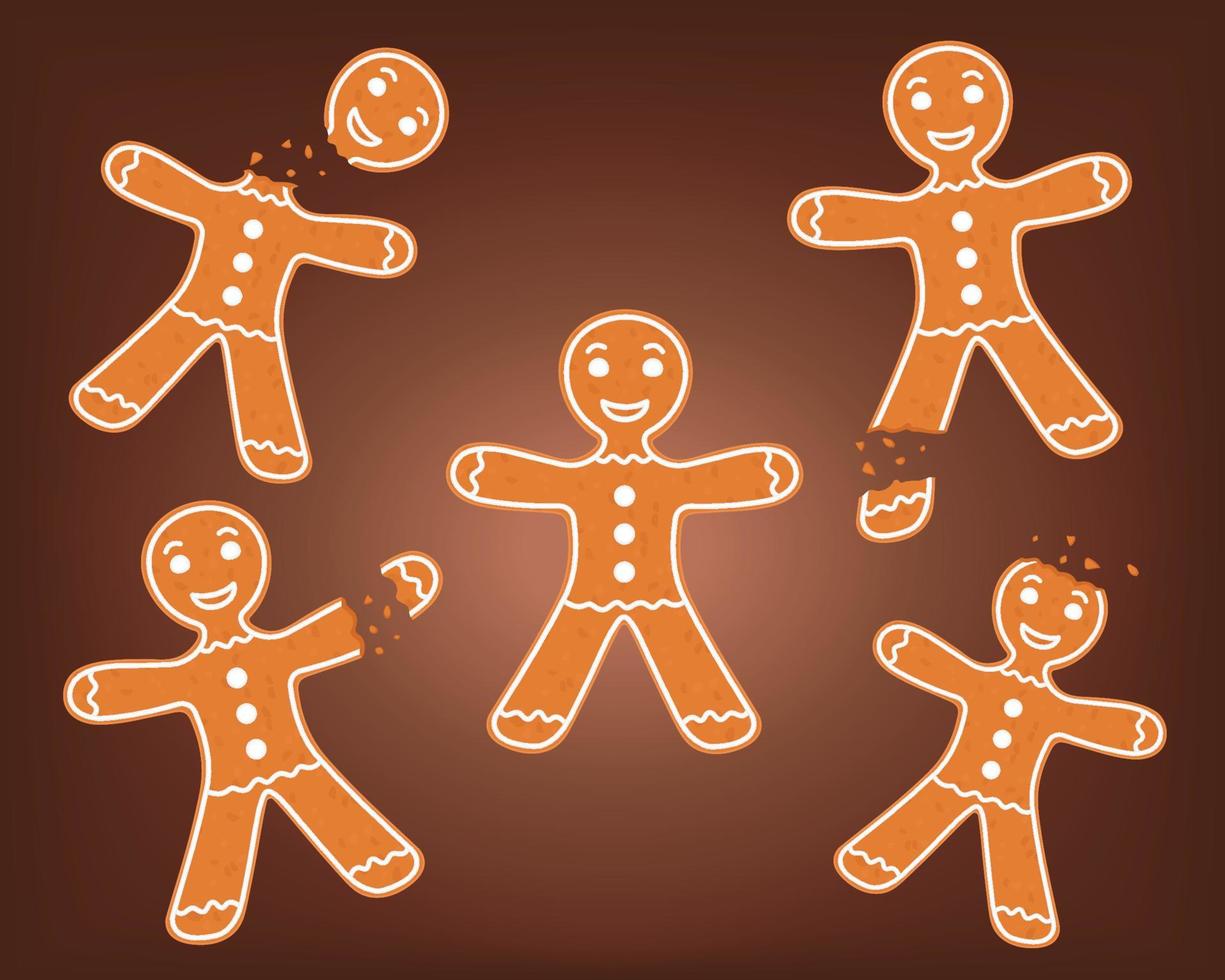 Gingerbread man set with a broken arm, leg, head. A whole man and a man with a bitten head. Crumbs of biscuits. Cute vector illustration on brown background