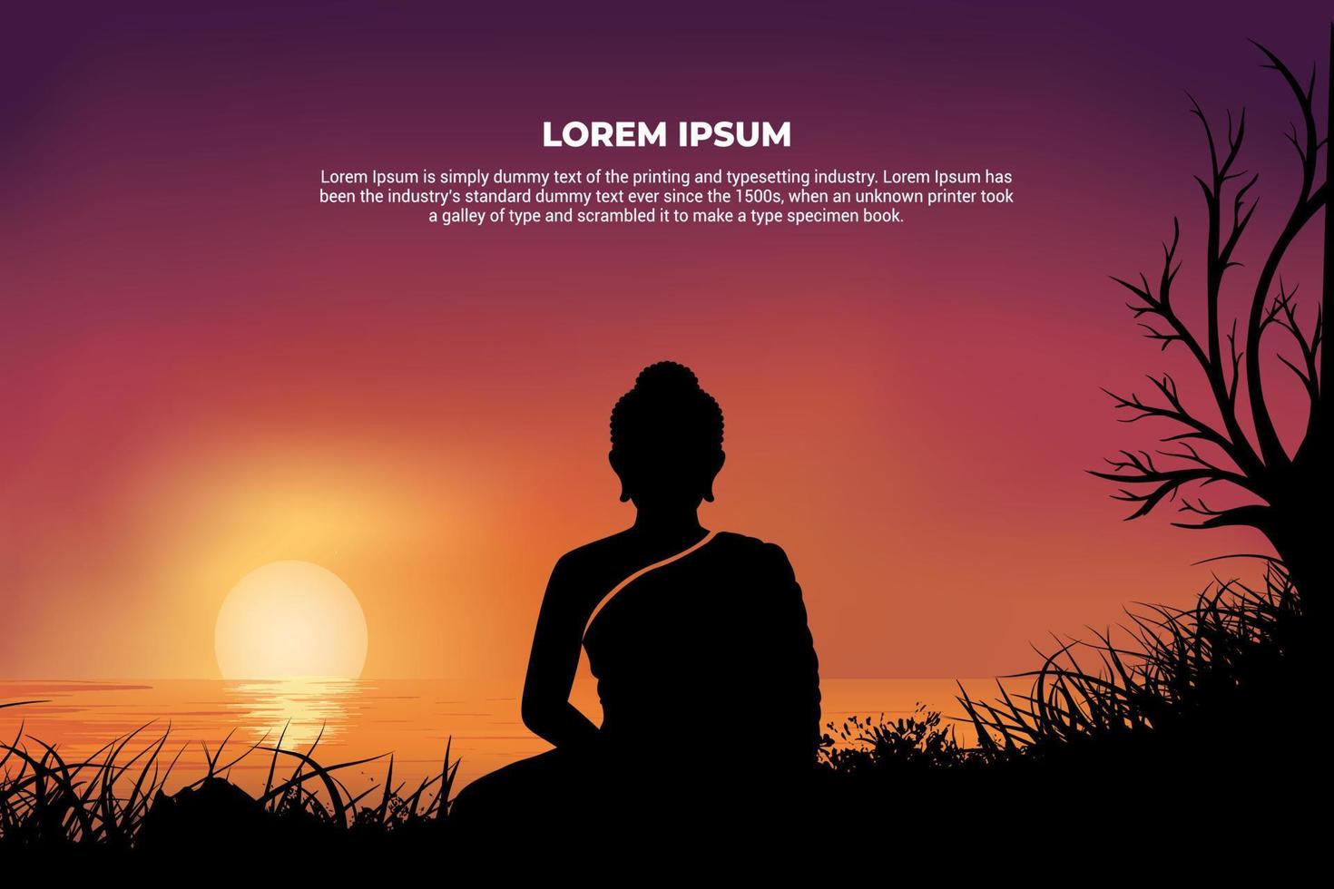 Silhouette of meditation lord buddha with sunset background. Elegant Buddha silhouette vector illustration. Happy Vesak Day background vector.