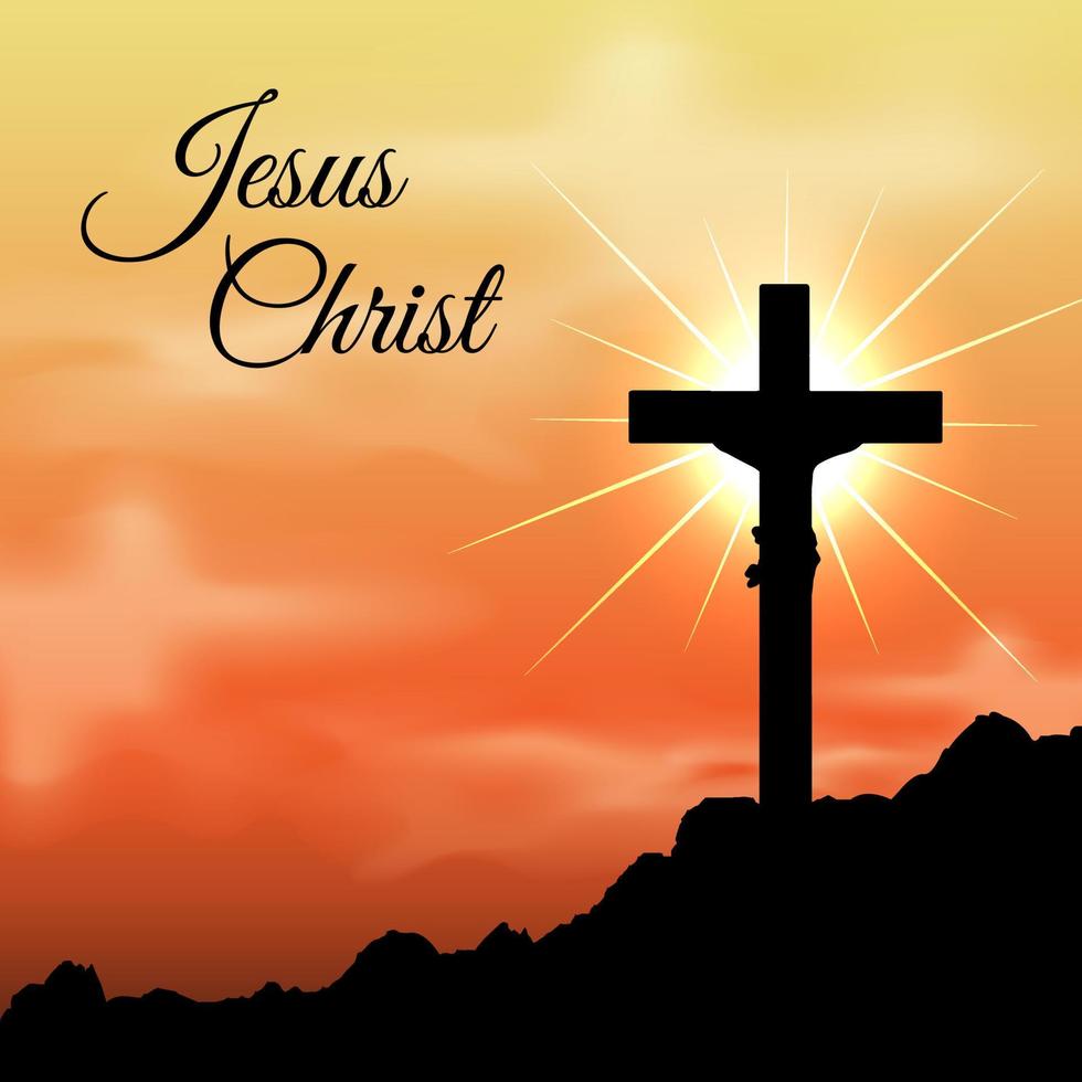 Silhouette of jesus christ on sunset background.  Shinny Jesus cross Silhouette isolated on sunset background. Silhouette of jesus christ vector illustrator