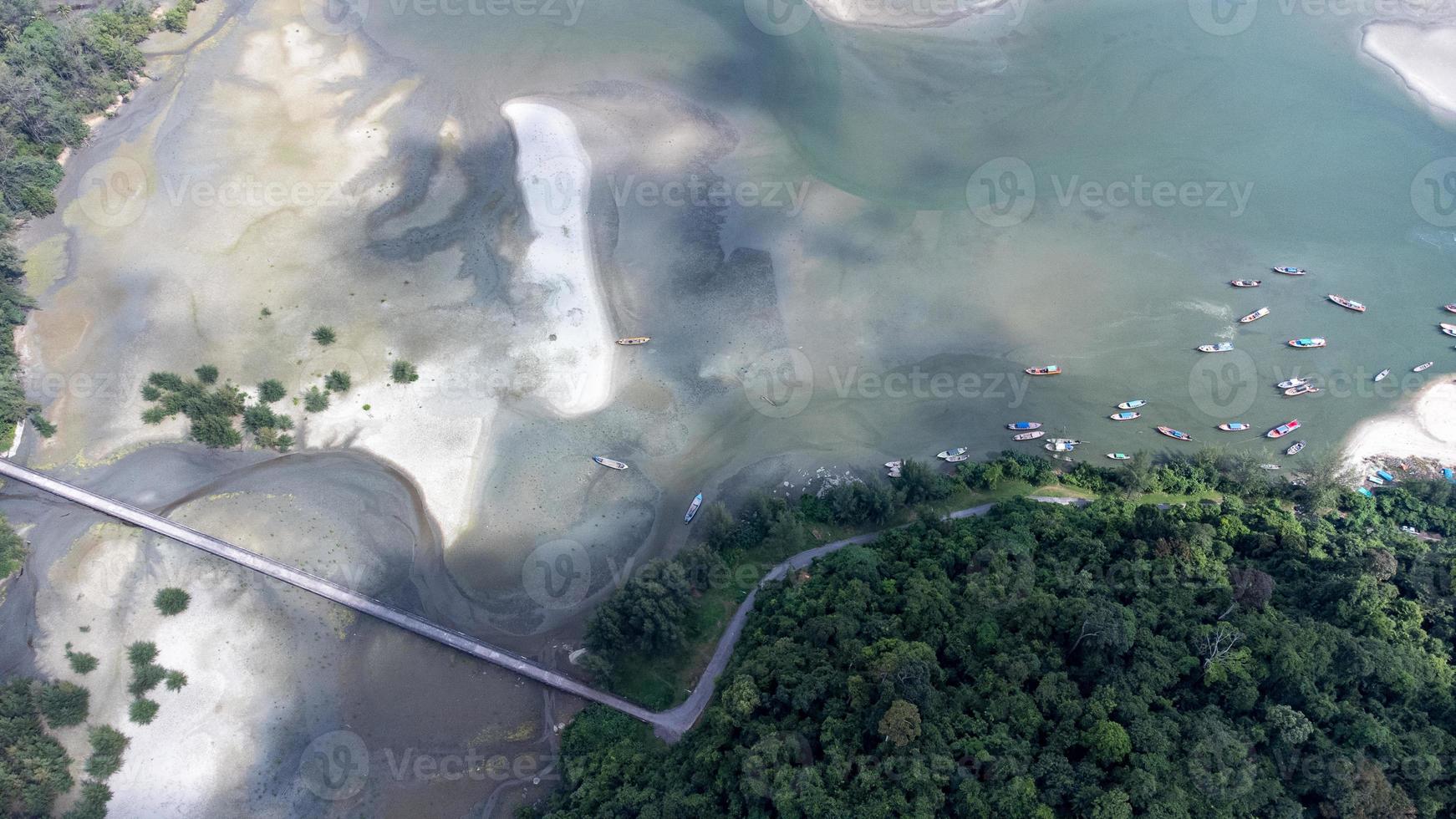 Beautiful sea at Laem Son National park, Ranong, Thailand. In area of local fishing port and background of beautiful nature shore by aerial view from drone. photo