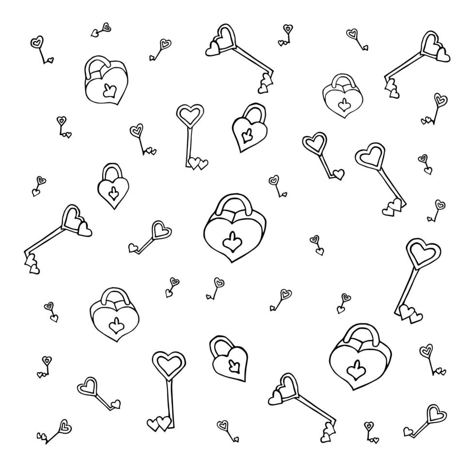 Heart lock key doodle black white graphic sketch background illustration vector