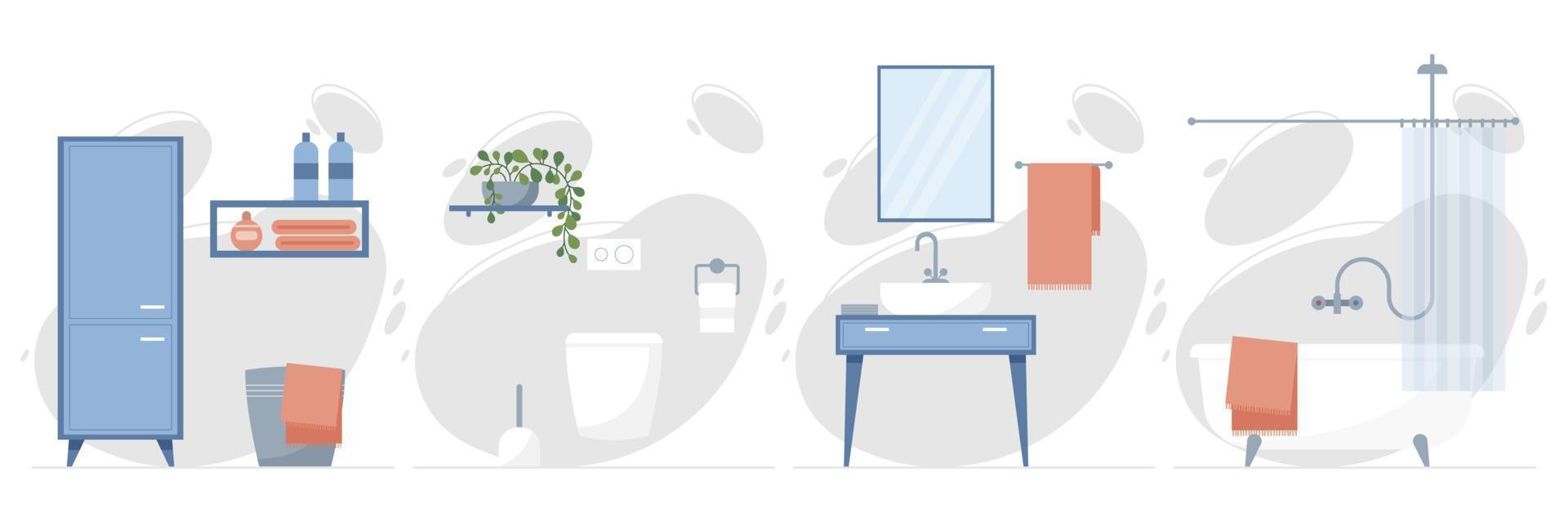 diseño de baño con muebles y accesorios. mueble de baño, lavabo, repisa, inodoro colgante, espejo, toallero, bañera con grifería de ducha y mampara. ilustración vectorial en estilo plano. vector