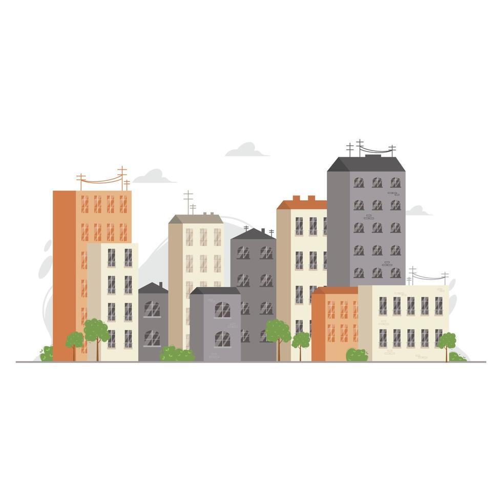 City with low-rise and high-rise residential buildings. Cityscape vector illustration in flat style. Urban landscape with houses of different sizes. Metropolis or megalopolis concept.