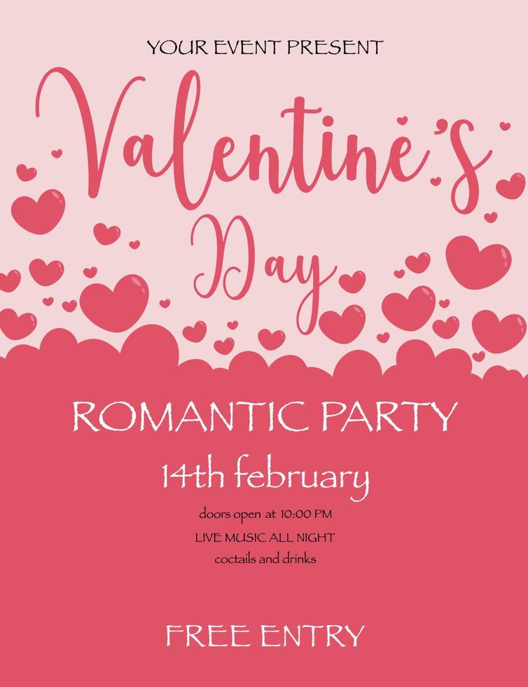 Saint Valentine Day romantic party invitation banner with cloud of red hearts. February 14 feast template for the night club or live DJ musical evening. Vector illustration in flat style.