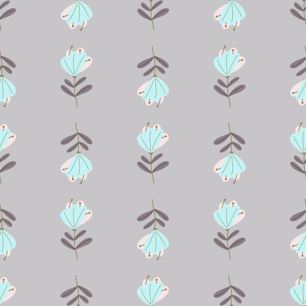 Spring seamless pattern with light blue simple flowers elements. Pale purple background. Doodle print. vector