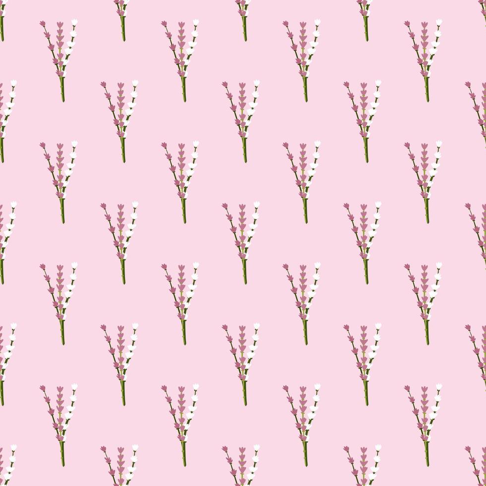 Seamless botanic pattern with pink colored lavender ornament. Pastel pink background. Doodle artwork. vector