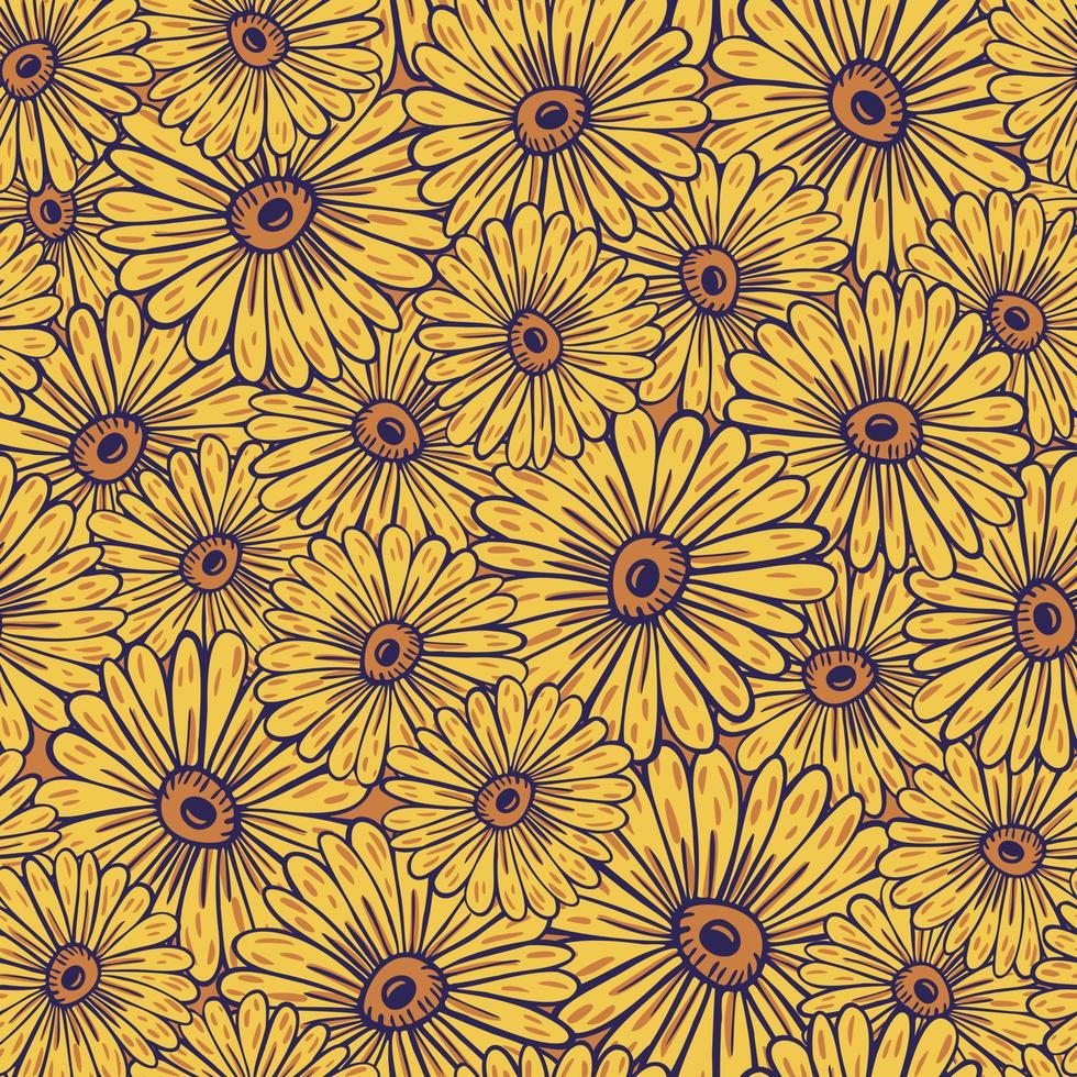 Summer style seamless pattern with yellow random sunflowers elements print. Decorative bloom artwork. vector