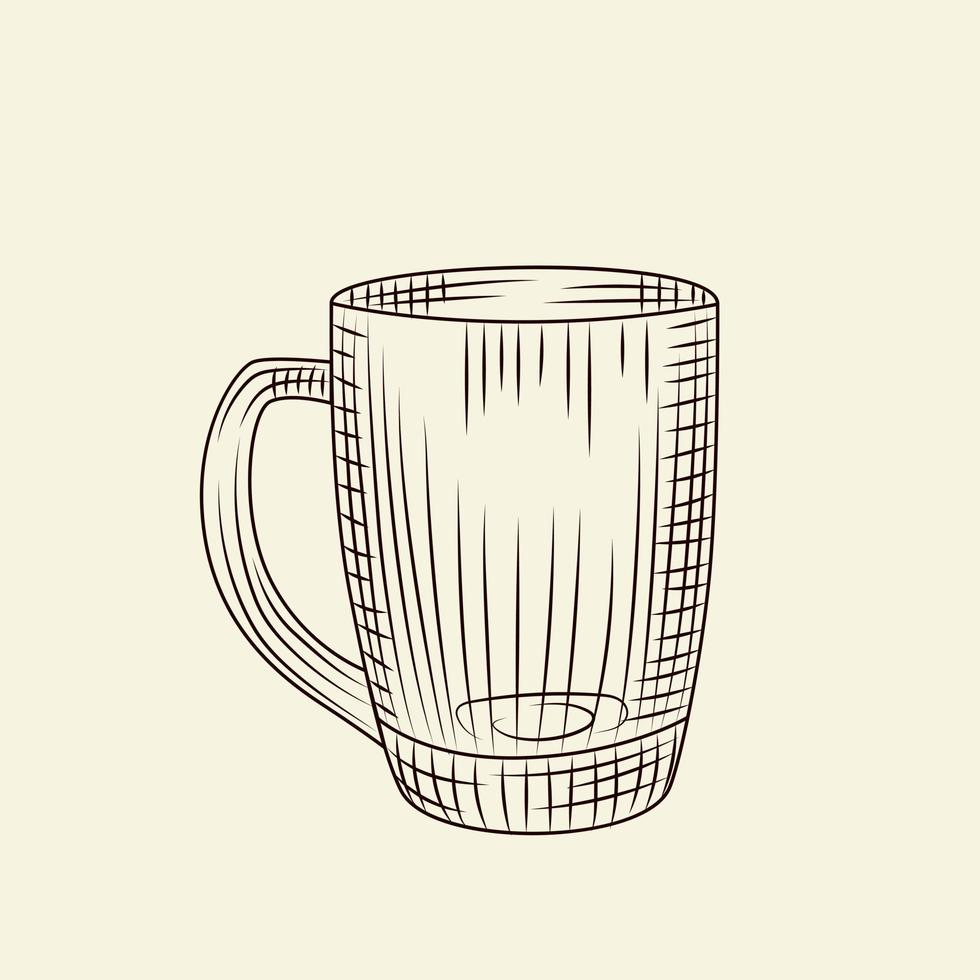 taza de vidrio transparente vacía en estilo dibujado a mano aislado sobre fondo claro. vector