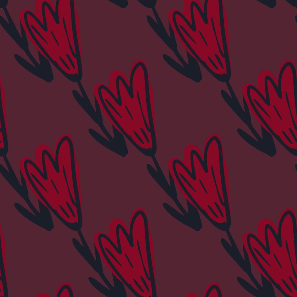 Simple minimalistic seamless pattern with tulip hand drawn flower shapes. Dark pink palette. vector
