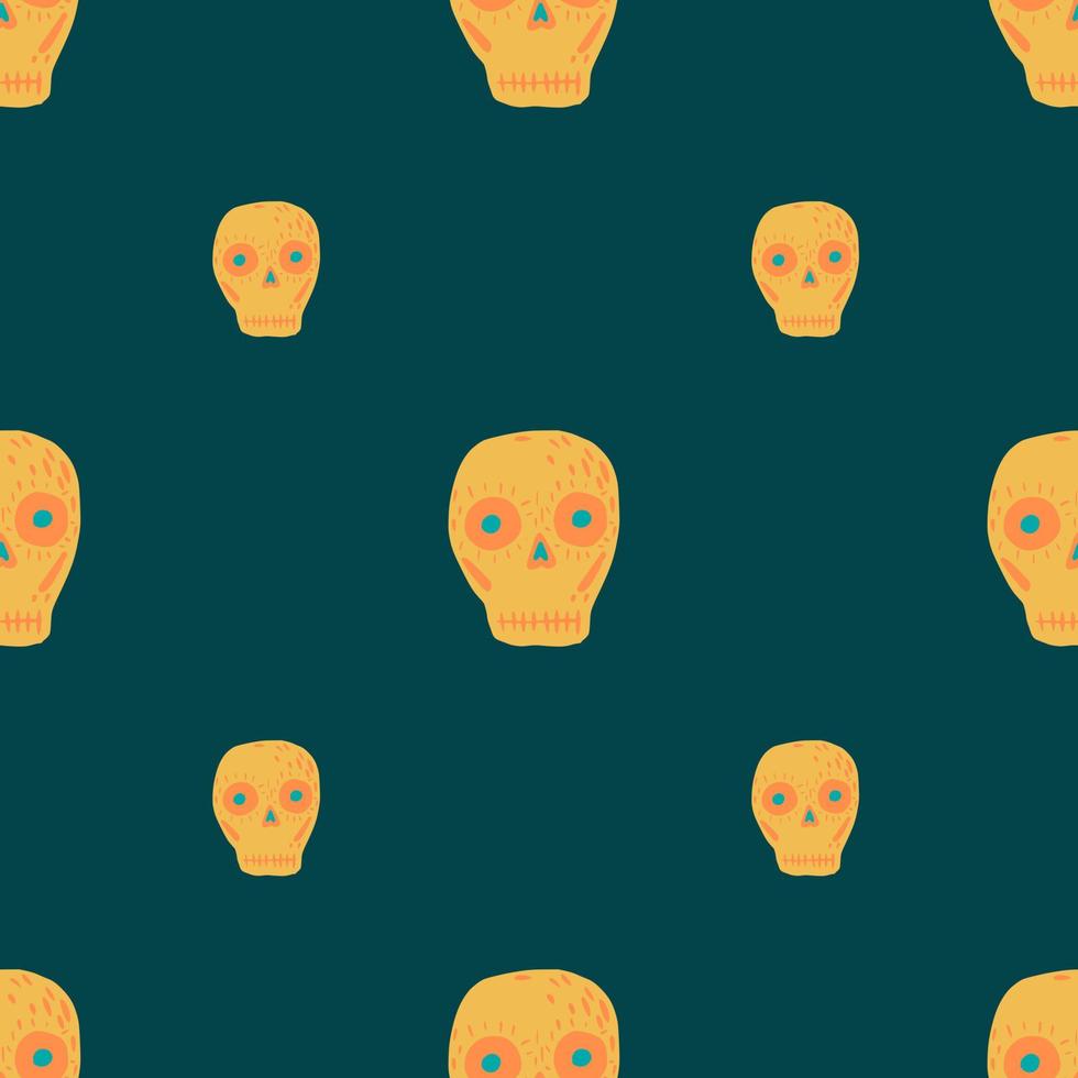 Traditional day of death seamless pattern with skulls orange shapes. Dark turquoise background. vector