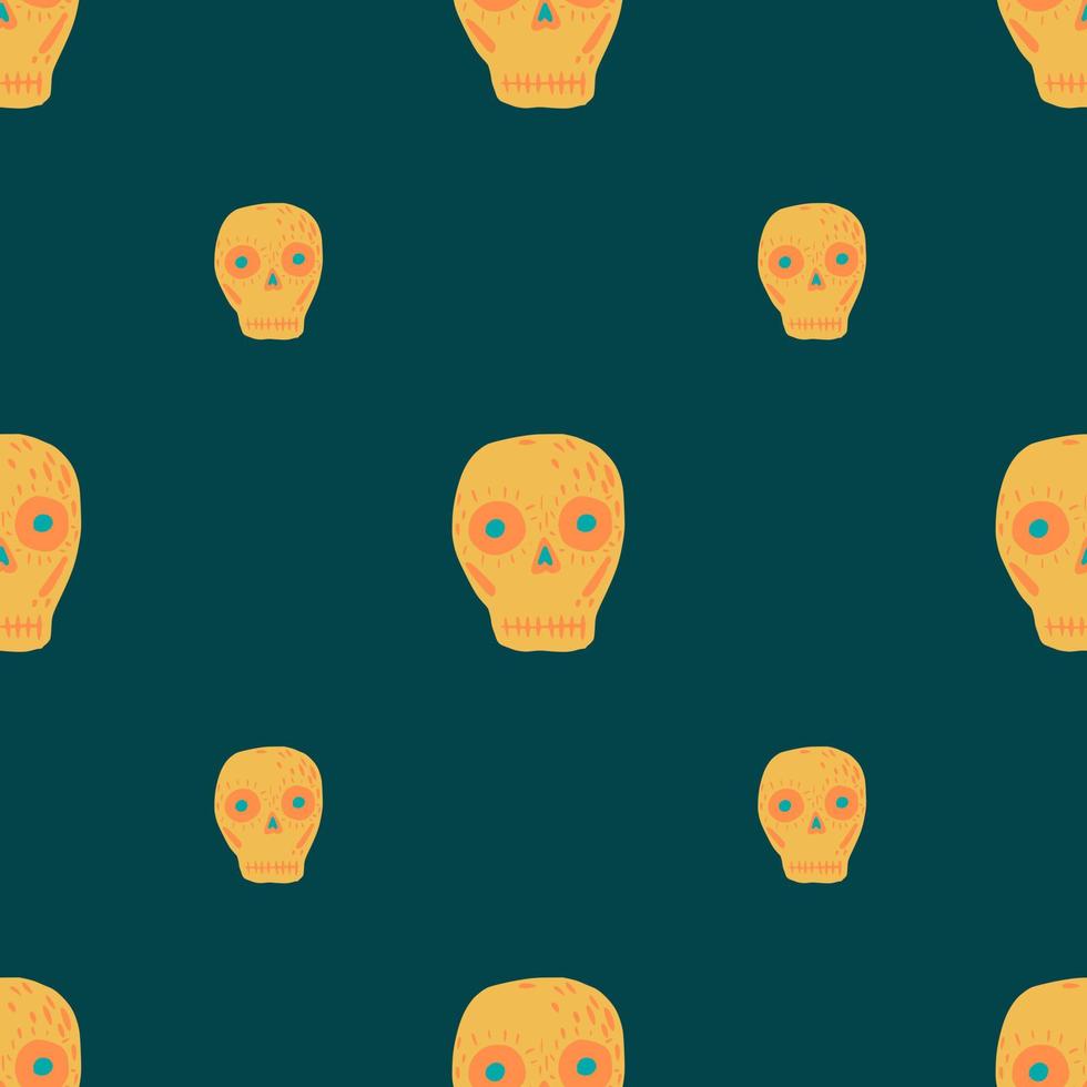 Traditional day of death seamless pattern with skulls orange shapes. Dark turquoise background. vector