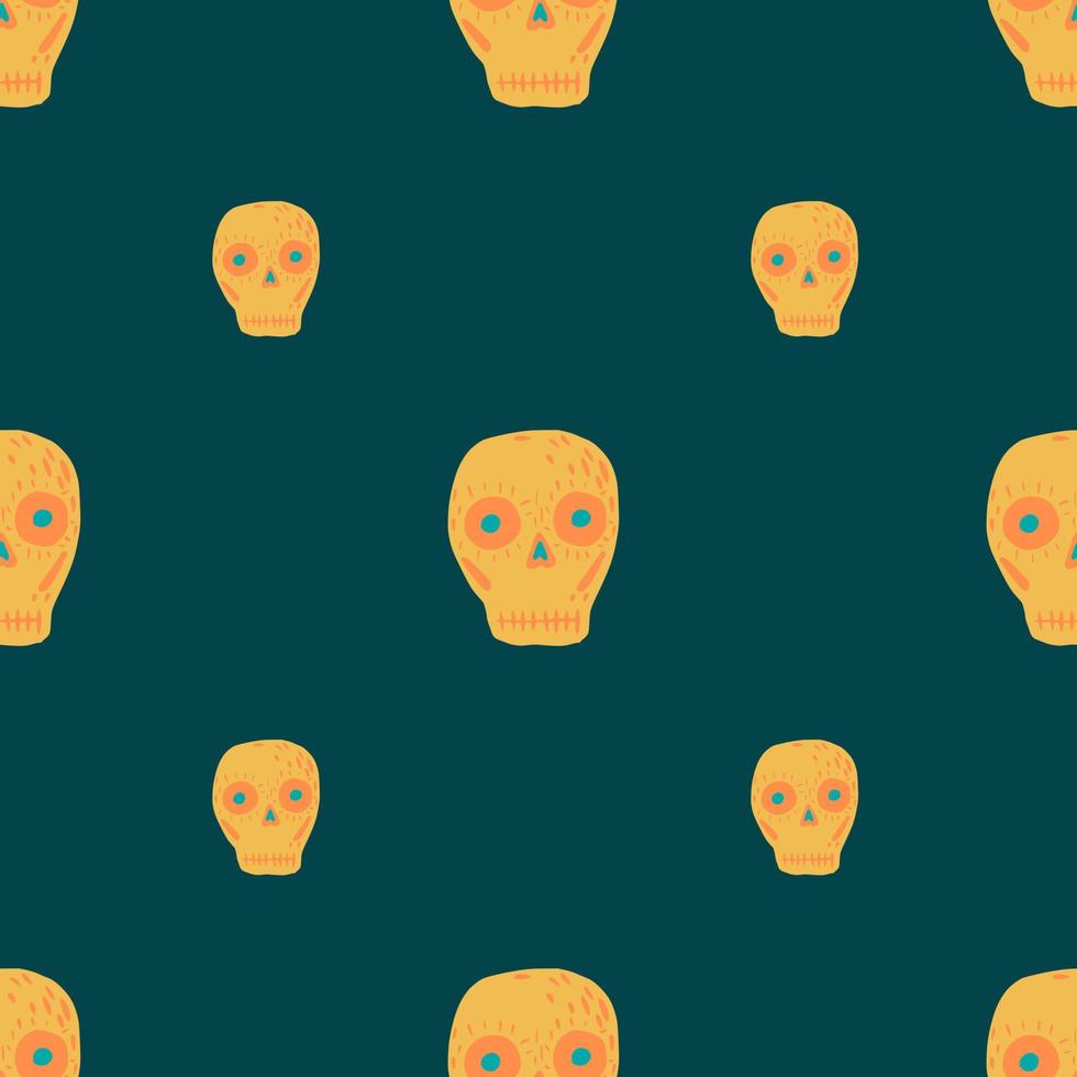 tradicional día de la muerte de patrones sin fisuras con calaveras en forma de naranja. fondo turquesa oscuro. vector