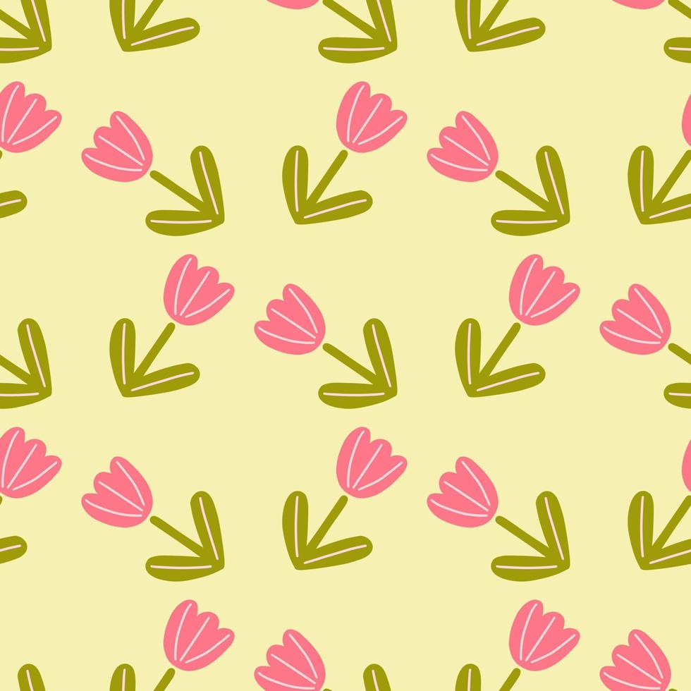Isolated seamless pattern with geometric style tulip flowers shapes. Light yellow background. Simple artwork. vector