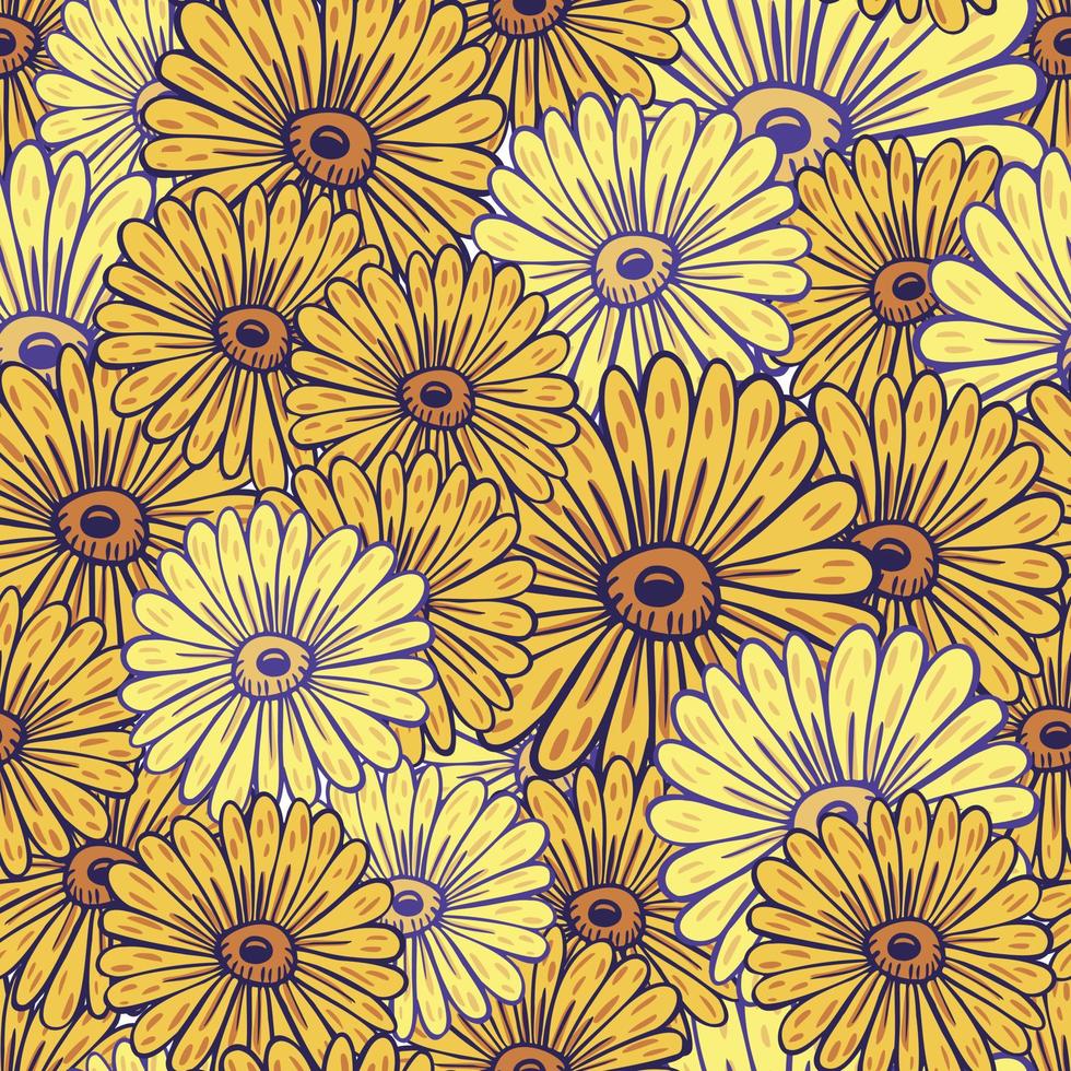 Summer style seamless pattern with random yellow sunflower elements print. Hand drawn ornament. vector