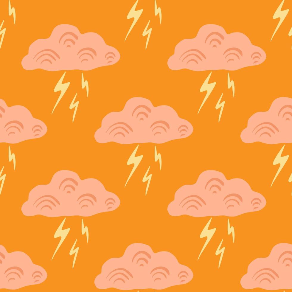 Clouds with lightning of seamless pattern. Cute hand drawn background. vector