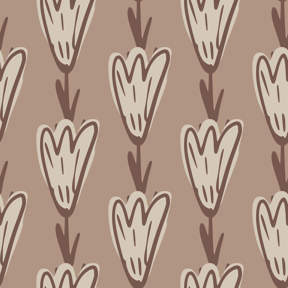 Abstract seamless doodle pattern with hand drawn outline beige colored tulip flowers print. vector