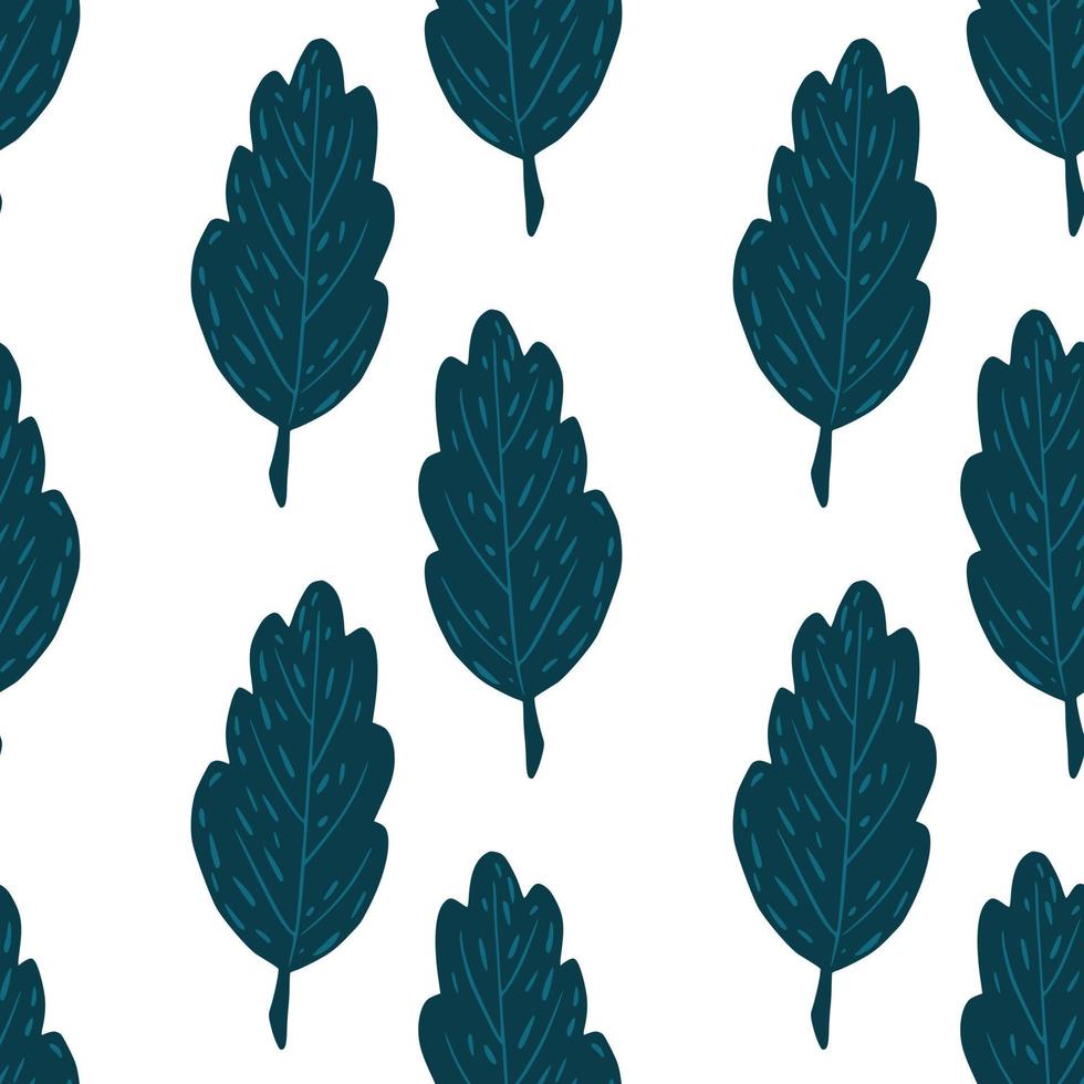 Isolated seamless pattern with navy blue doodle leaf elements. White background. vector