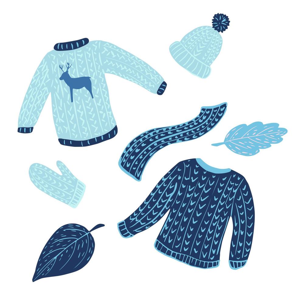 omposition of sweaters, hats, scarves and leaves on white background. vector