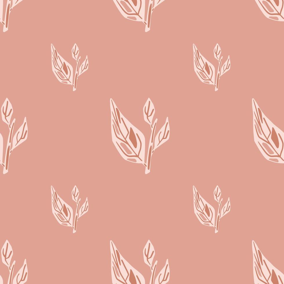 White contoured leaves branches seamless pattern in abstract style. Pink background. vector