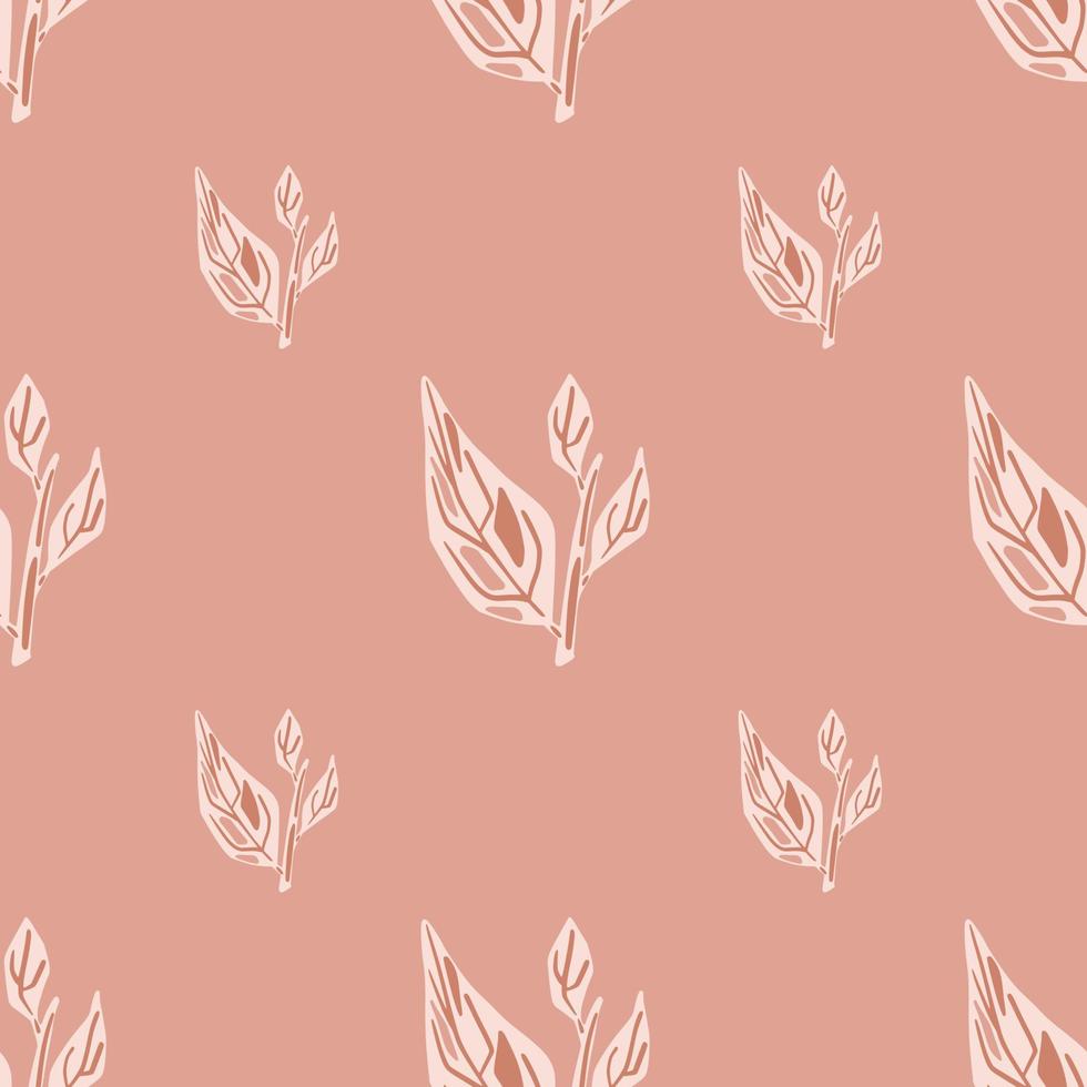 White contoured leaves branches seamless pattern in abstract style. Pink background. vector