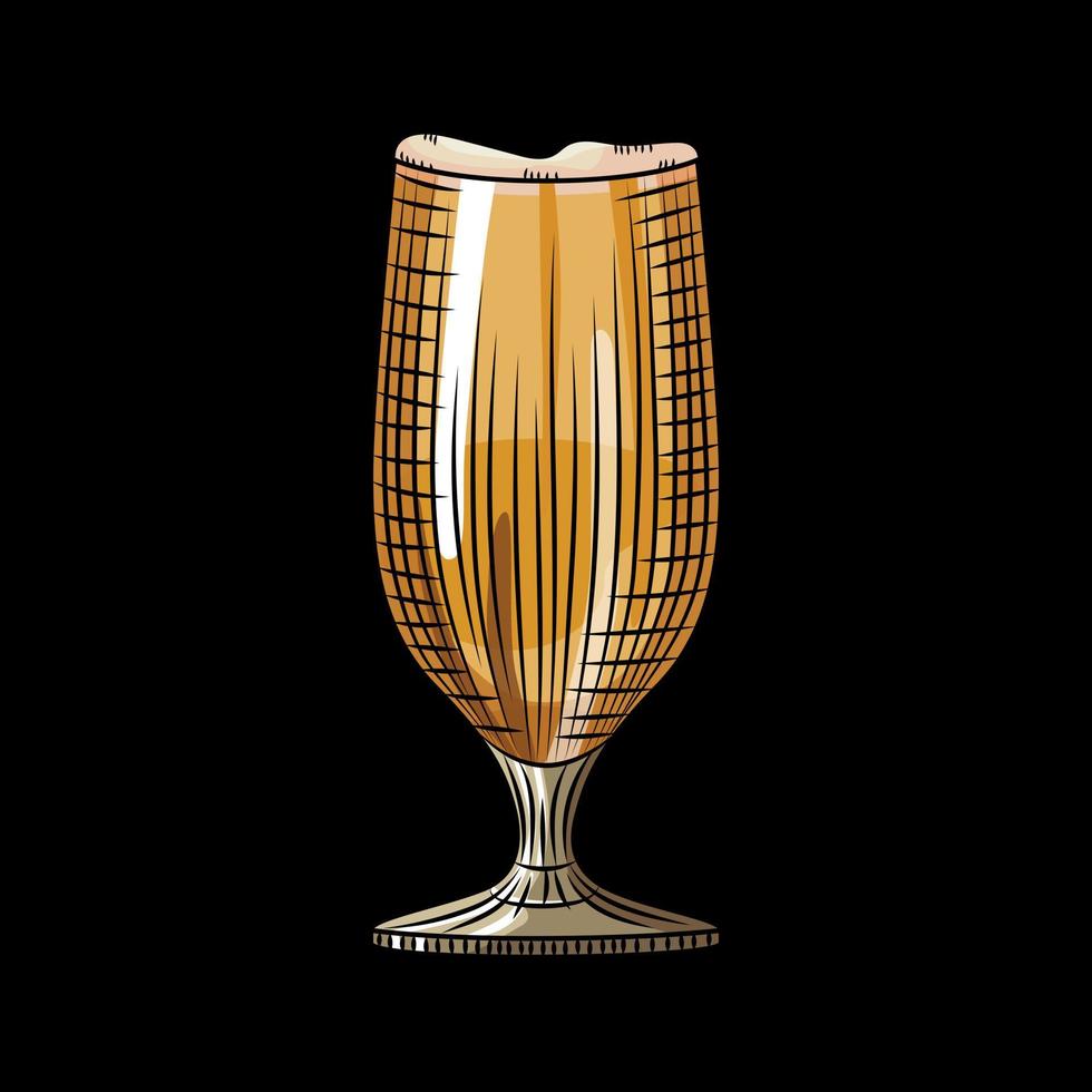 Hand drawn full glass of light beer with foam isolated on black background. vector
