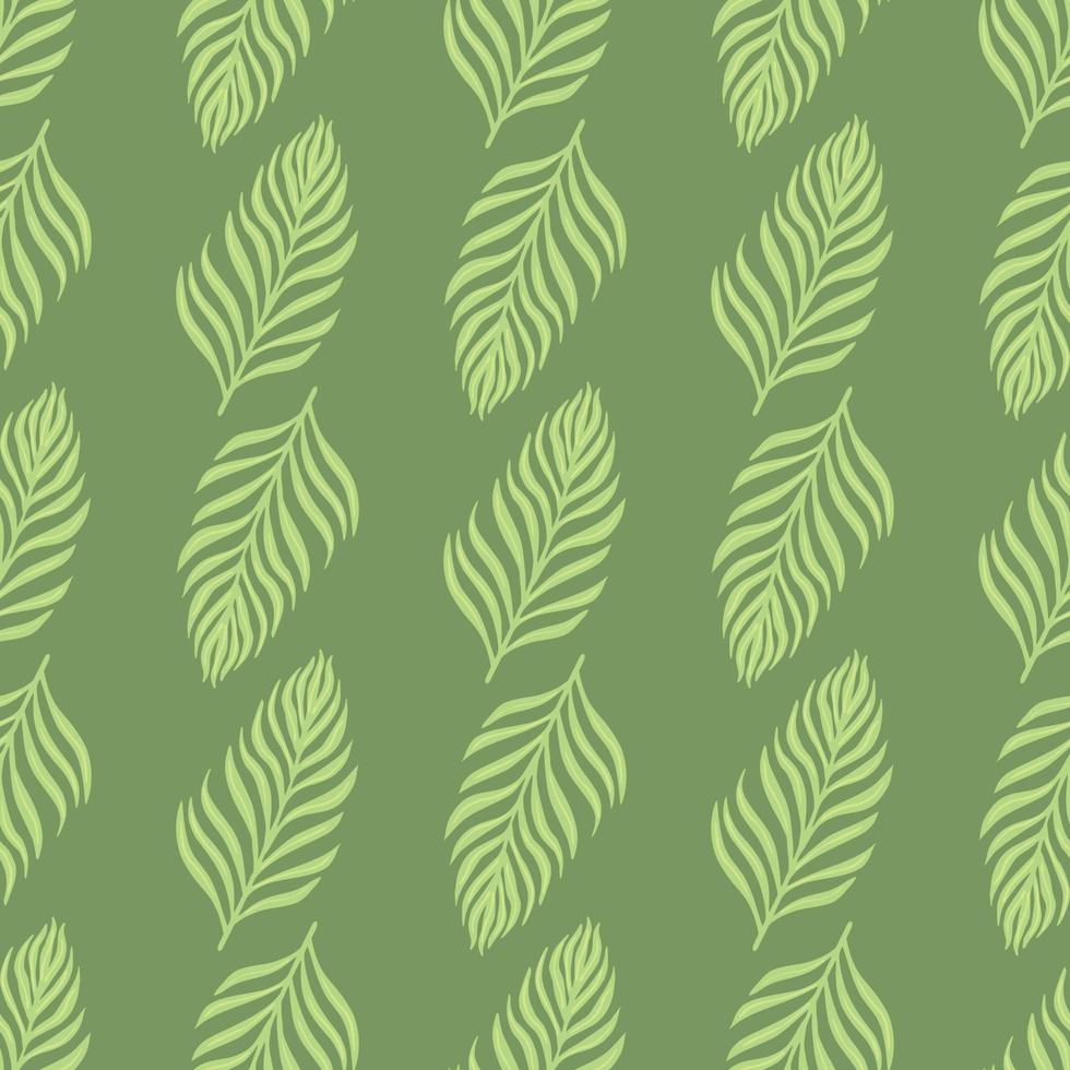 Exotic nature seamless doodle pattern with simple green fern silhouettes. Pastel tones exotic foliage artwork. vector