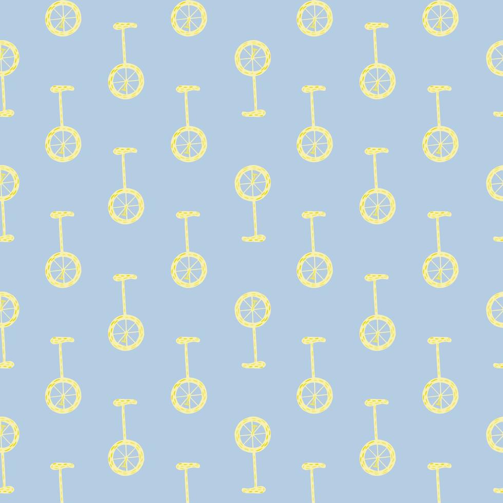 pequeño adorno de bicicleta amarilla de patrones sin fisuras en estilo dibujado a mano. fondo azul. diseño simple. vector