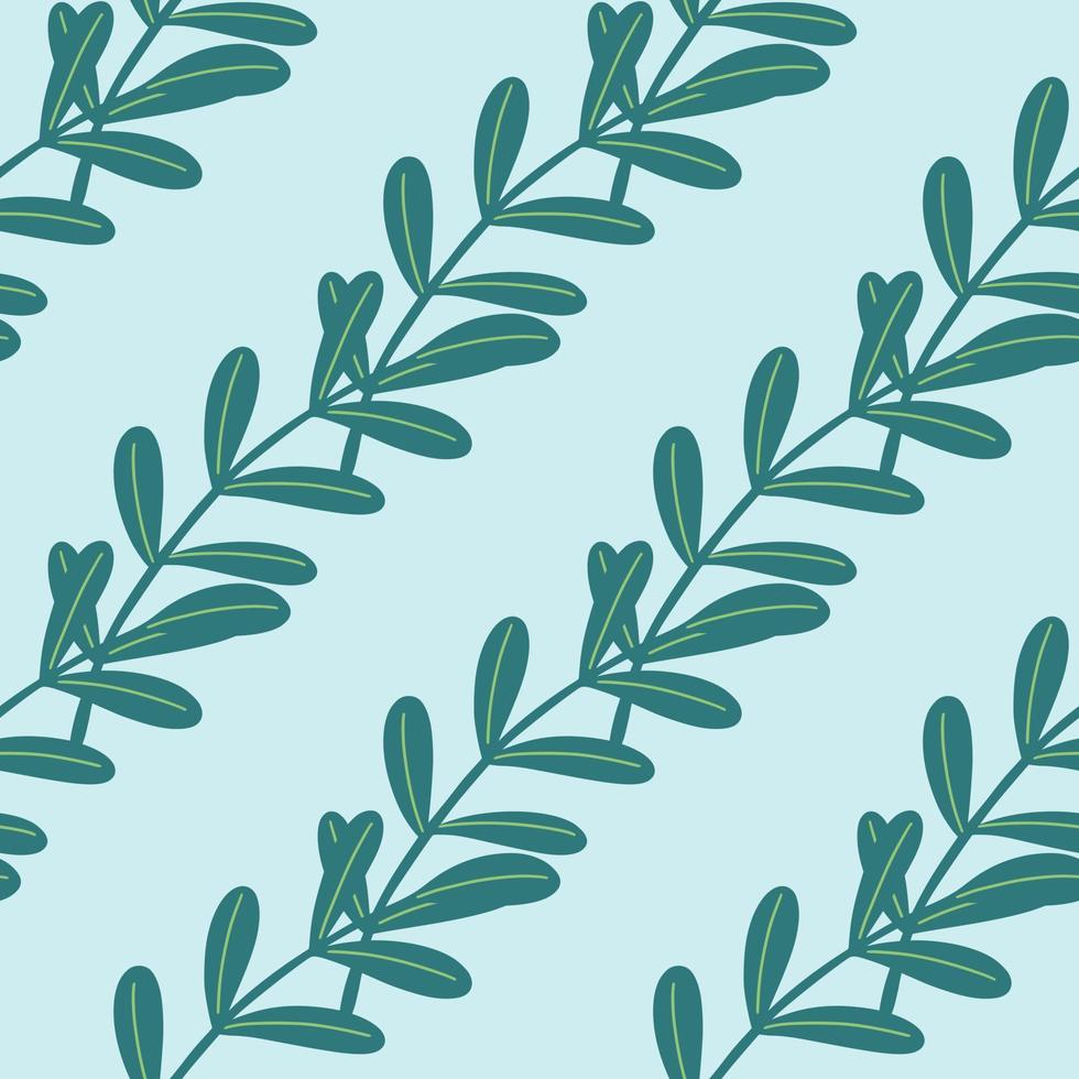 Botany seamless pattern with simple herbal twigs in turquoise color. Light blue background. vector