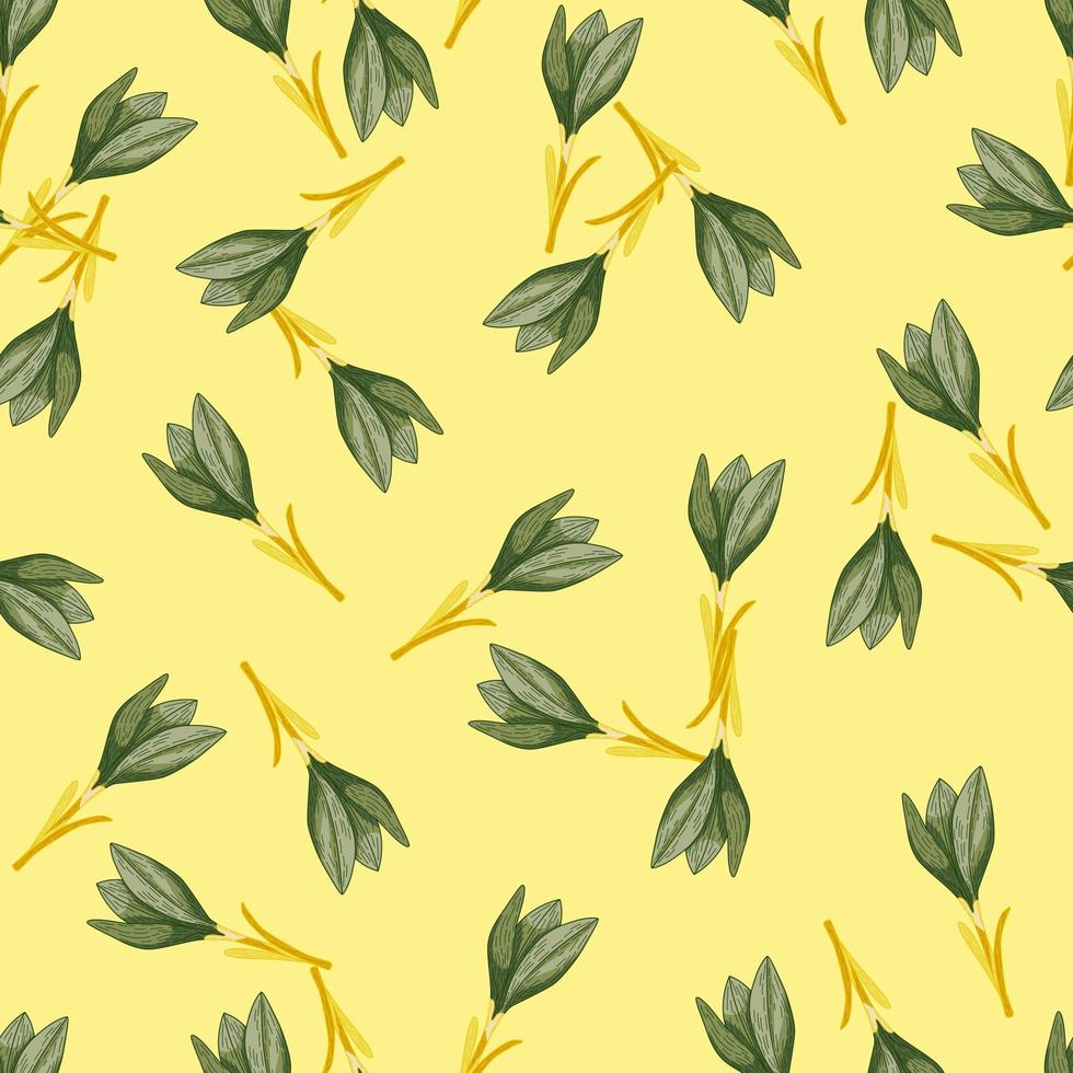 Summer seamless pattern with random outline crcous flowers shapes. Yellow light background. vector