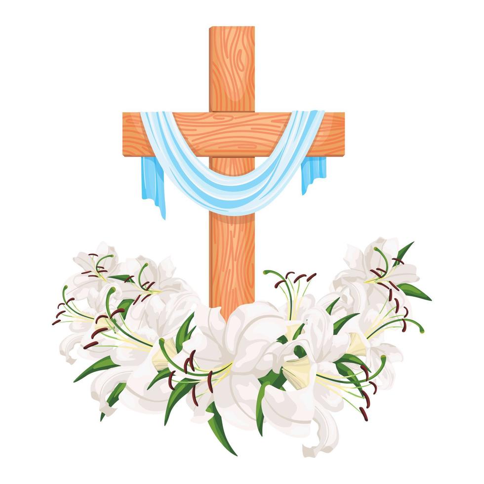 Cross with lilies isolated on white background. Religious symbols wooden cross, white lily and fabric. vector